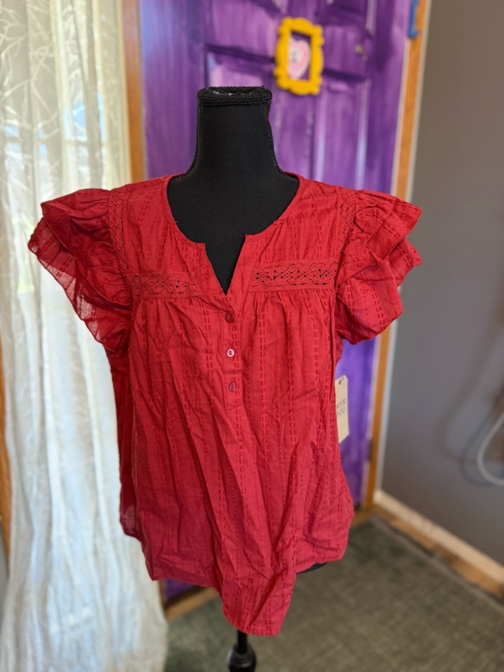 FRYE AND CO. Red Ruffled Sleeve Button-Front Blouse
